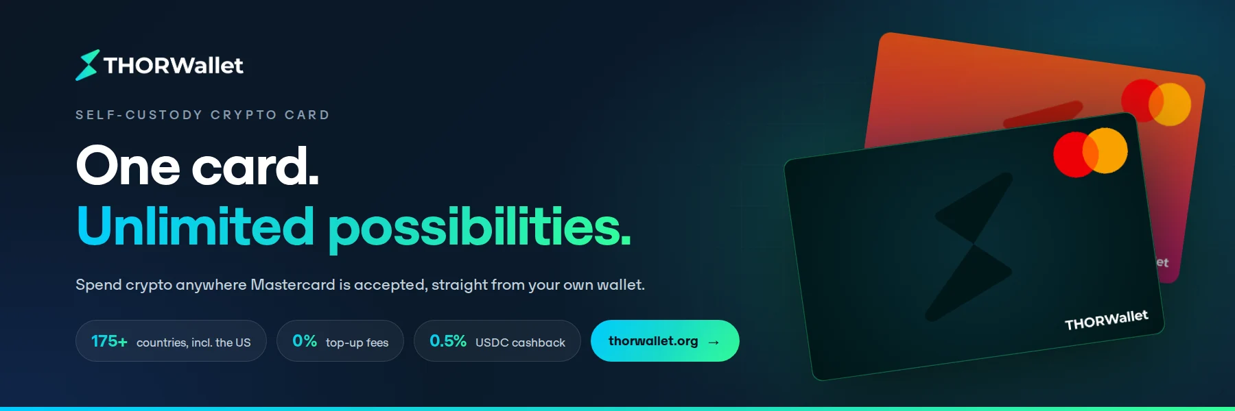 THORWallet Card: spend crypto anywhere Mastercard is accepted, in 175+ countries, with 0% top-up fees and 0.5% USDC cashback on Premium