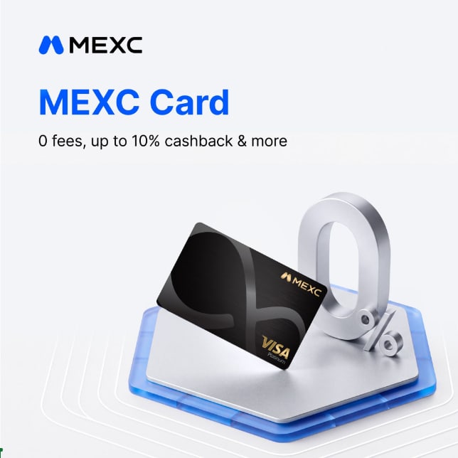 MEXC promotional image of the black MEXC Visa Platinum card, with the tagline "0 fees, up to 10% cashback & more"